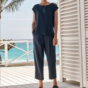 Poetry Pant Tapered Trouser 100% Linen Blue High Waist Lagenlook Elastic Pocket